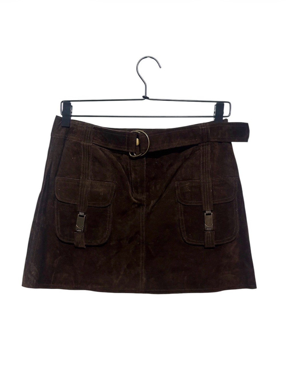 Carlisle Dark Brown Suede Mini Skirt with Front Flap magnet Pockets and Belt